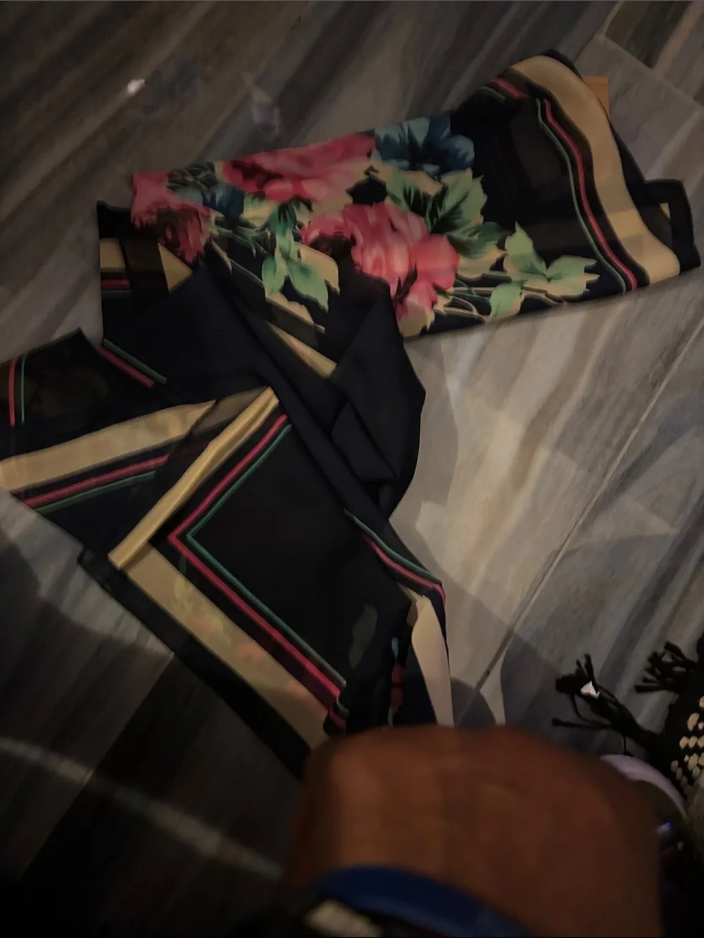Floral Silk-Feel Black Scarf
